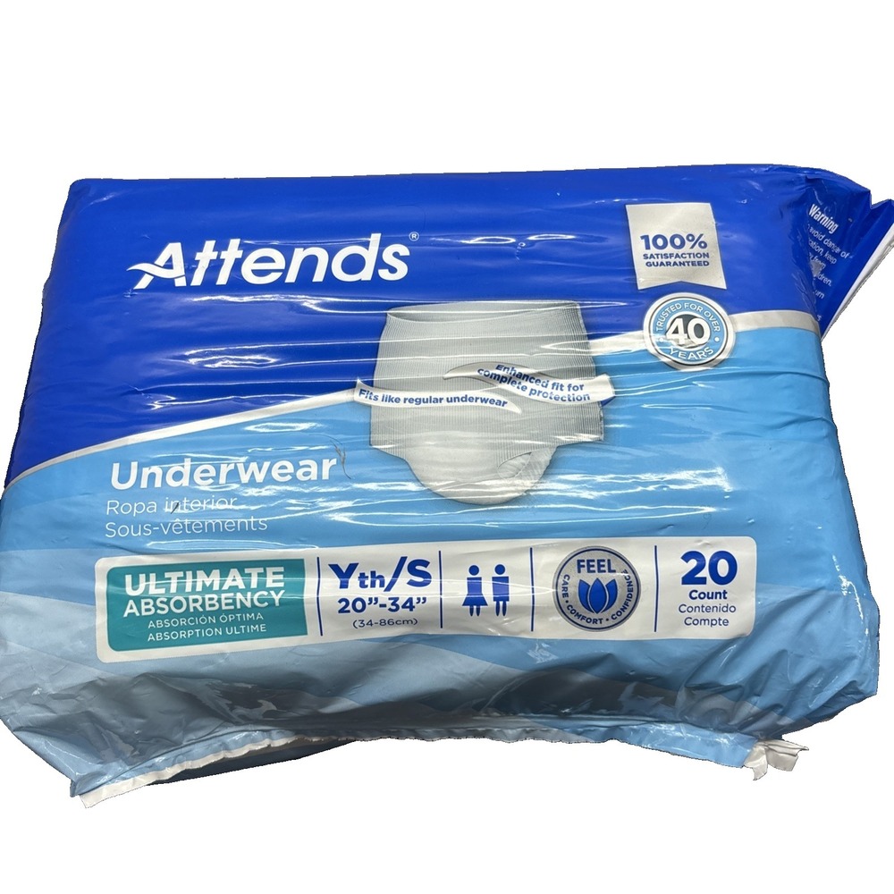 20 Ct ATTENDS Underwear Diapers Pull Ups ADULT SMALL/YOUTH 20"-‎ 34" Unopened